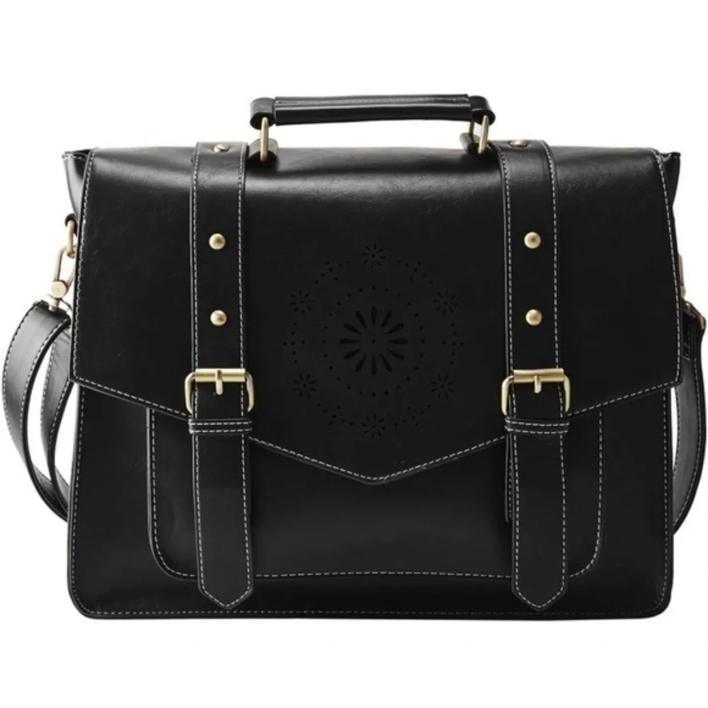 Esecosusi Black Leather Messenger Bag Briefcase Top Handle Crossbody Bag Bookbag